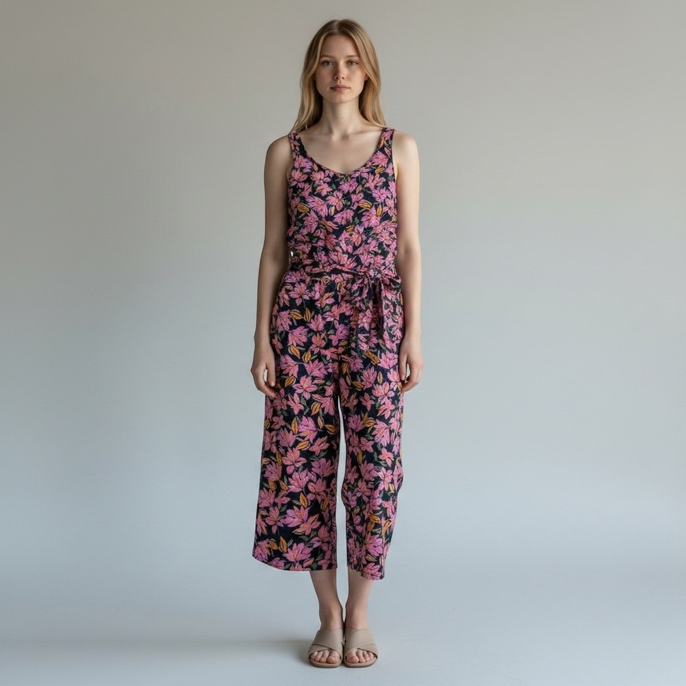 Kensie‎ Linen Blend Pink Floral Button Belted Jumpsuit Sleeveless Cropped Medium